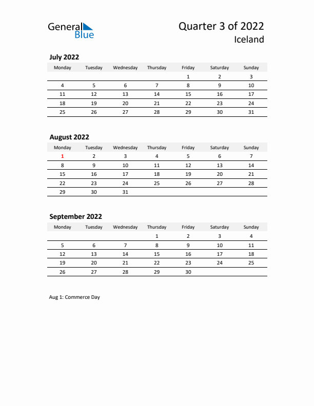 2022 Q3 Three-Month Calendar for Iceland