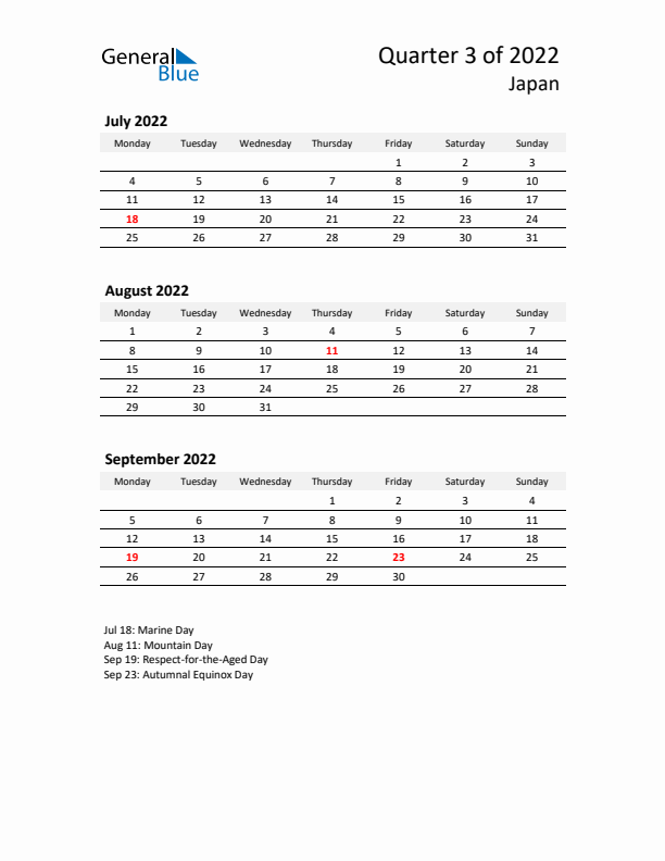 2022 Q3 Three-Month Calendar for Japan