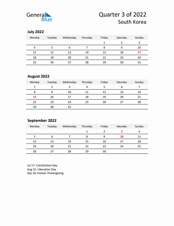 2022 Q3 Three-Month Calendar for South Korea