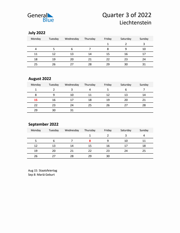 2022 Q3 Three-Month Calendar for Liechtenstein