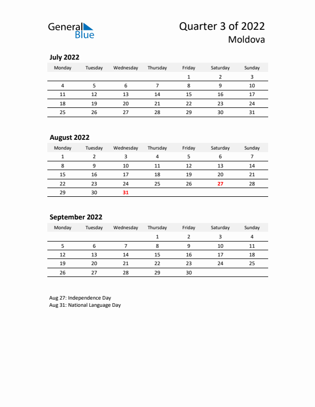 2022 Q3 Three-Month Calendar for Moldova