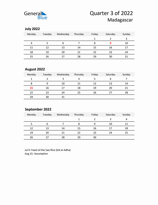 2022 Q3 Three-Month Calendar for Madagascar