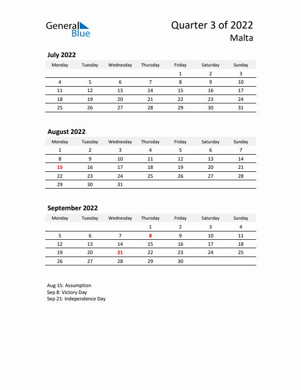 2022 Q3 Three-Month Calendar for Malta