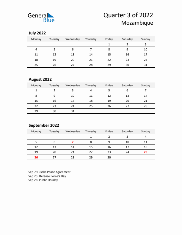 2022 Q3 Three-Month Calendar for Mozambique