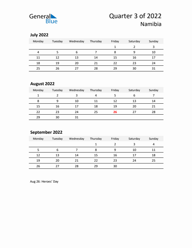 2022 Q3 Three-Month Calendar for Namibia