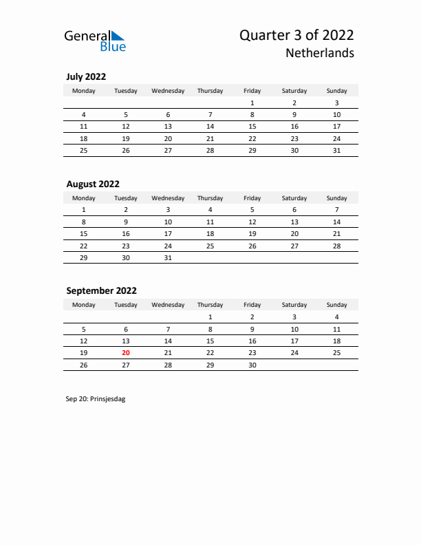 2022 Q3 Three-Month Calendar for The Netherlands