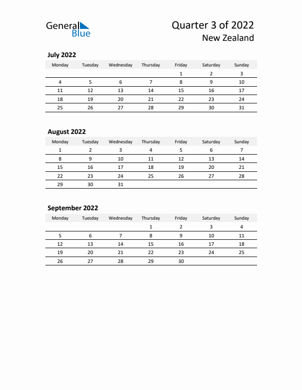 2022 Q3 Three-Month Calendar for New Zealand