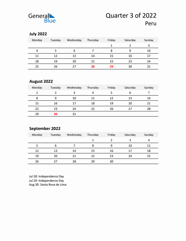 2022 Q3 Three-Month Calendar for Peru