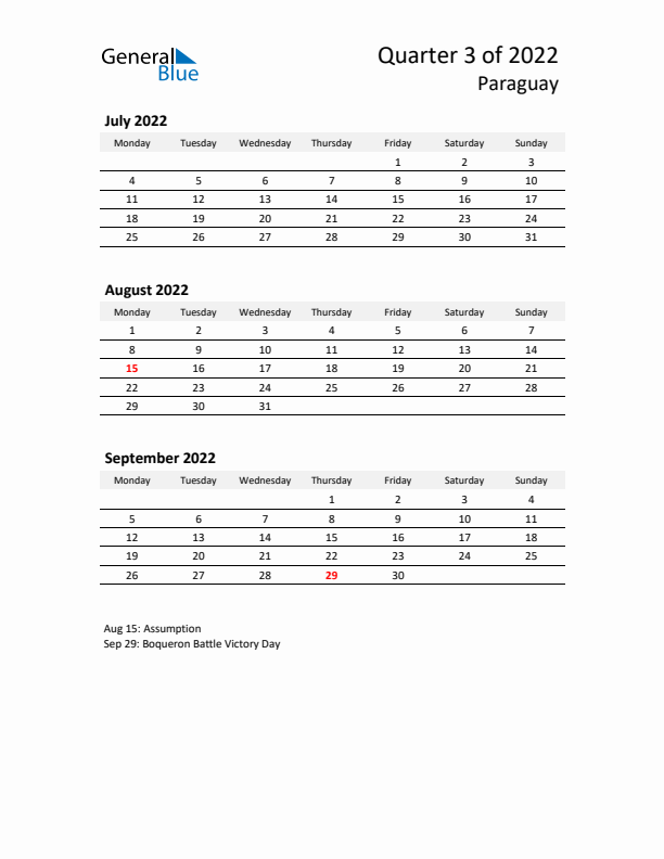 2022 Q3 Three-Month Calendar for Paraguay