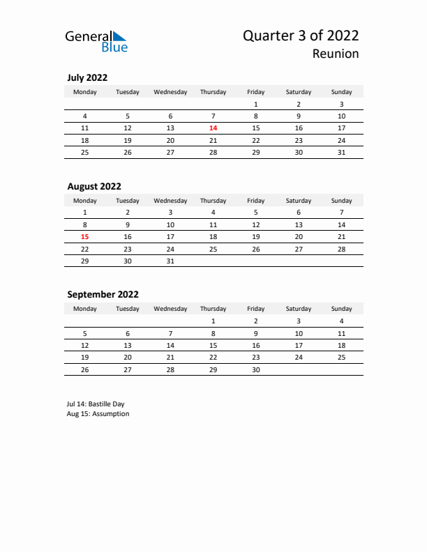 2022 Q3 Three-Month Calendar for Reunion