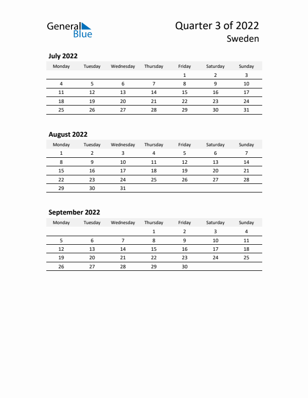 2022 Q3 Three-Month Calendar for Sweden