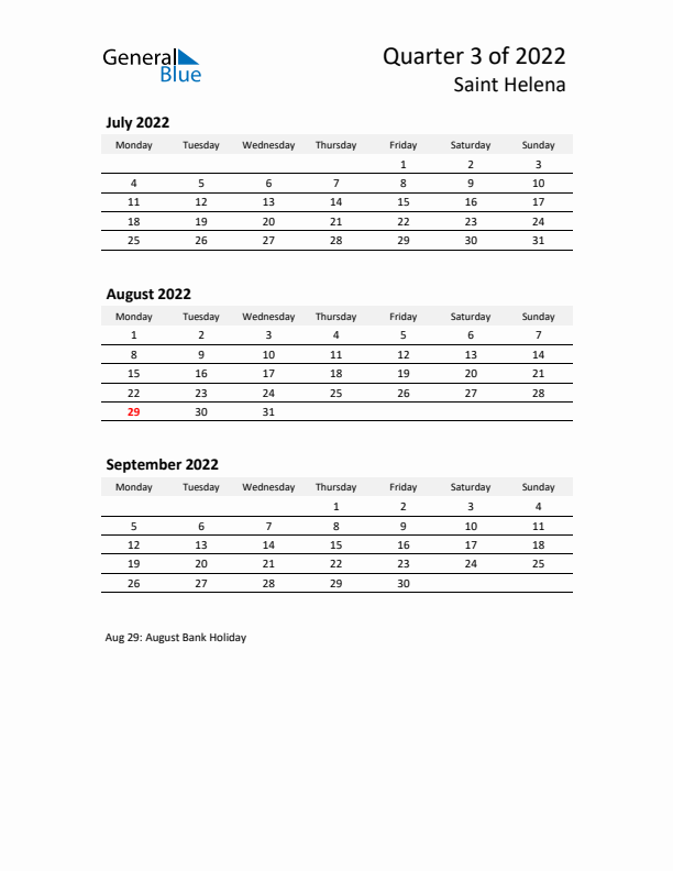 2022 Q3 Three-Month Calendar for Saint Helena