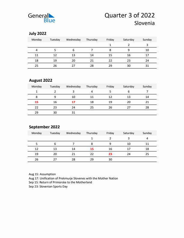 2022 Q3 Three-Month Calendar for Slovenia