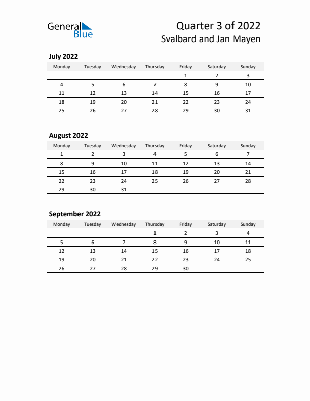 2022 Q3 Three-Month Calendar for Svalbard and Jan Mayen