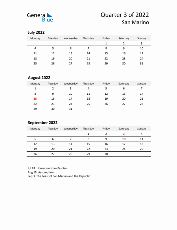 2022 Q3 Three-Month Calendar for San Marino