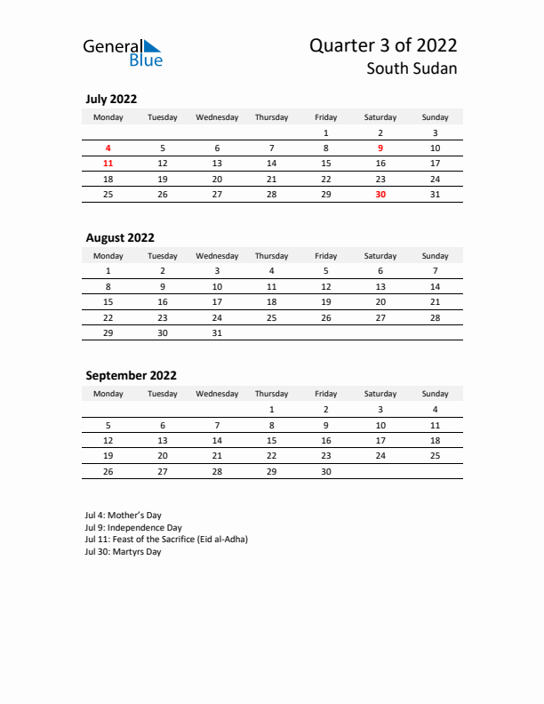 2022 Q3 Three-Month Calendar for South Sudan