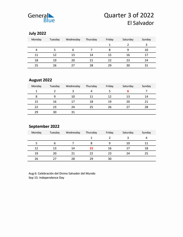 2022 Q3 Three-Month Calendar for El Salvador