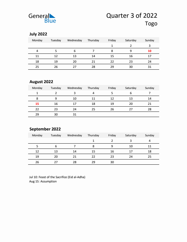 2022 Q3 Three-Month Calendar for Togo