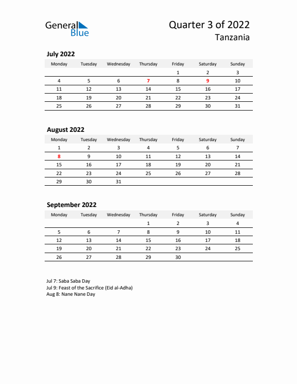 2022 Q3 Three-Month Calendar for Tanzania