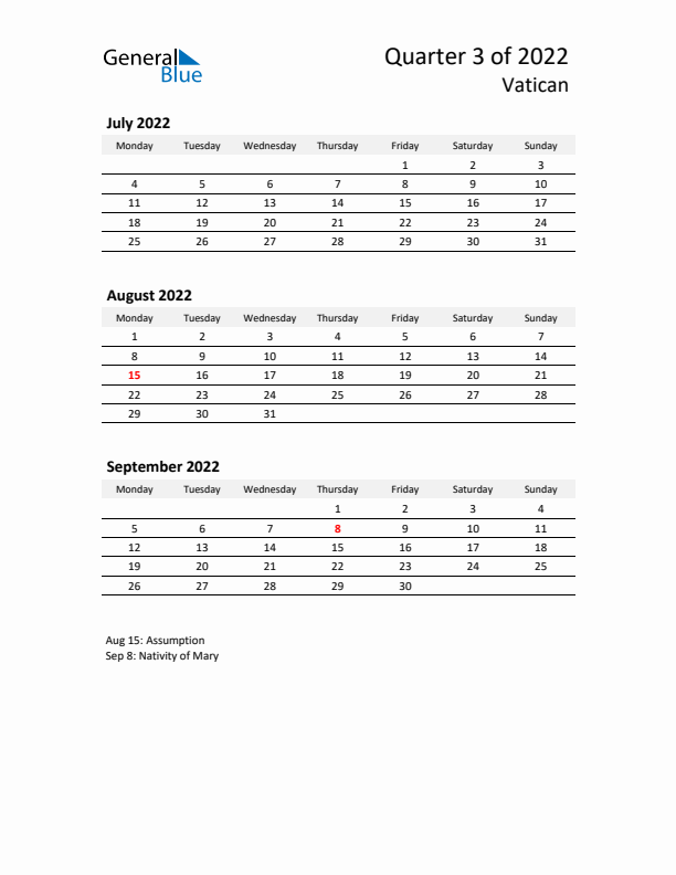 2022 Q3 Three-Month Calendar for Vatican