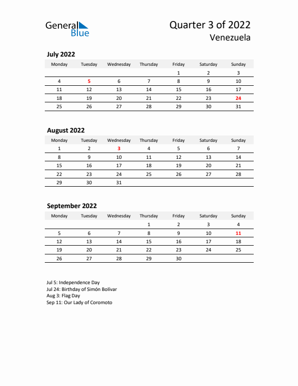 2022 Q3 Three-Month Calendar for Venezuela