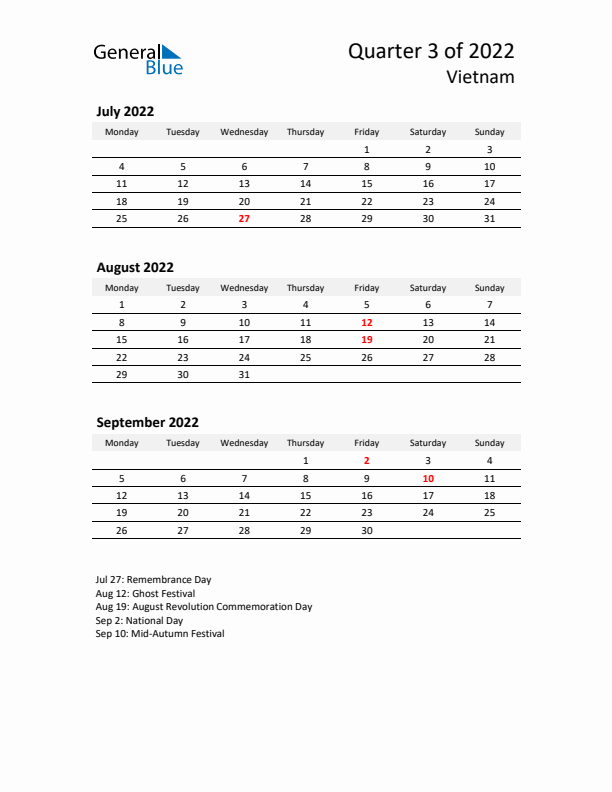 2022 Q3 Three-Month Calendar for Vietnam