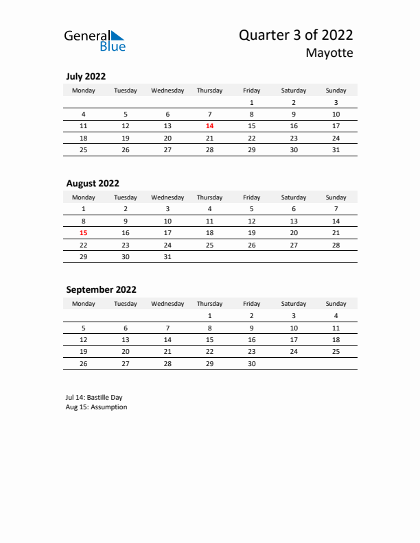 2022 Q3 Three-Month Calendar for Mayotte