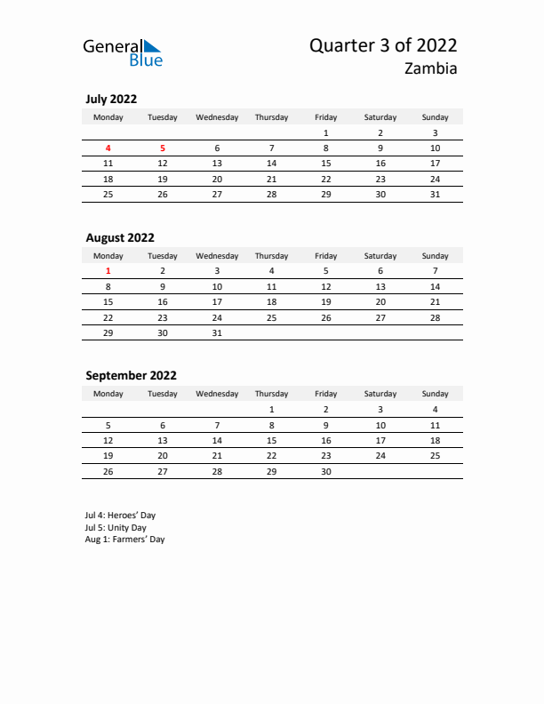 2022 Q3 Three-Month Calendar for Zambia