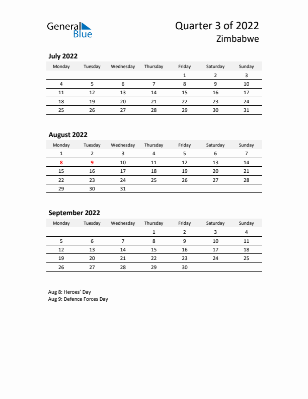 2022 Q3 Three-Month Calendar for Zimbabwe