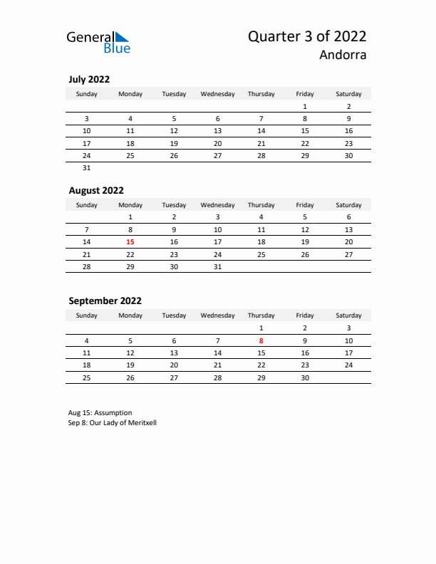 2022 Q3 Three-Month Calendar for Andorra