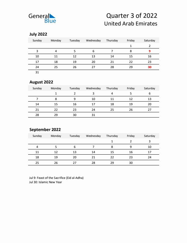 2022 Q3 Three-Month Calendar for United Arab Emirates