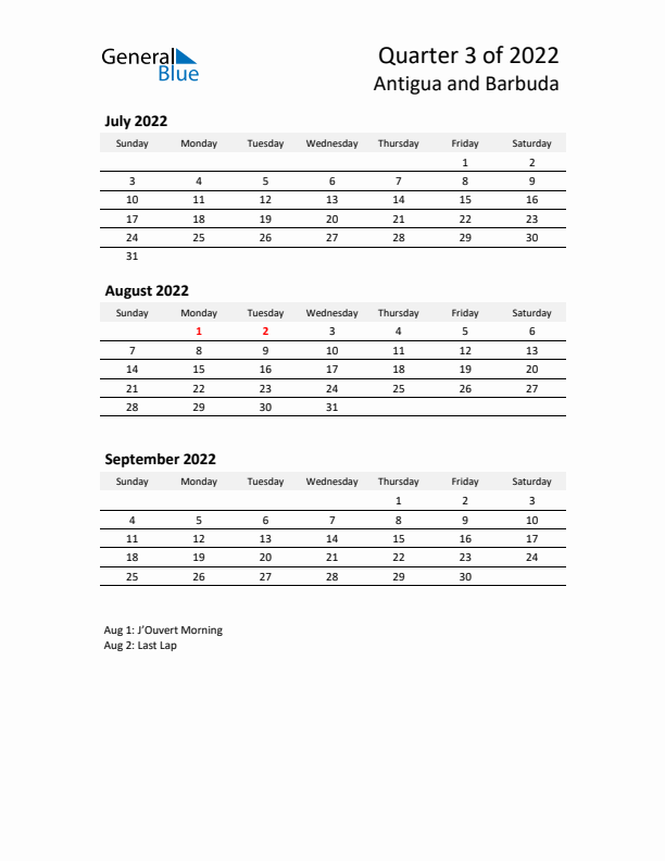 2022 Q3 Three-Month Calendar for Antigua and Barbuda