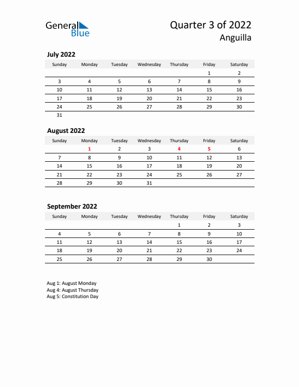 2022 Q3 Three-Month Calendar for Anguilla