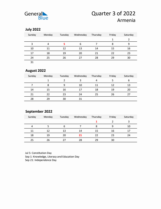 2022 Q3 Three-Month Calendar for Armenia