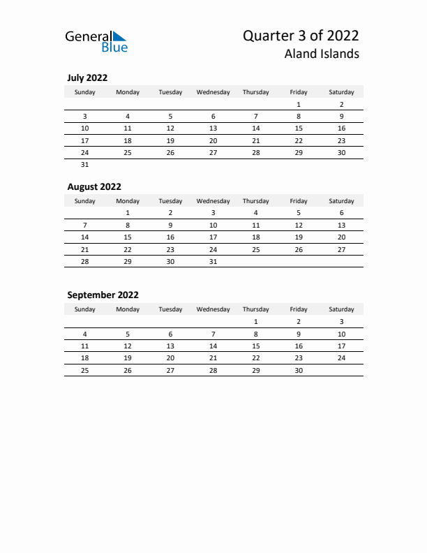 2022 Q3 Three-Month Calendar for Aland Islands