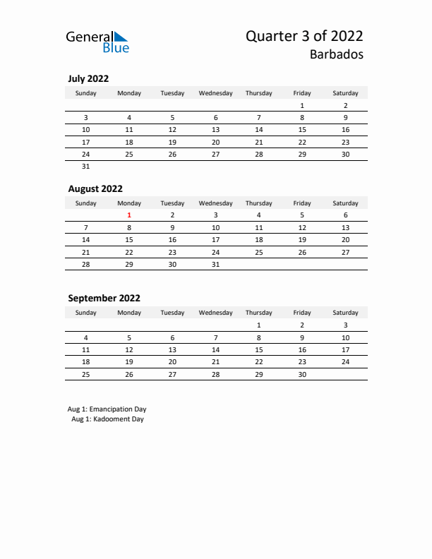 2022 Q3 Three-Month Calendar for Barbados