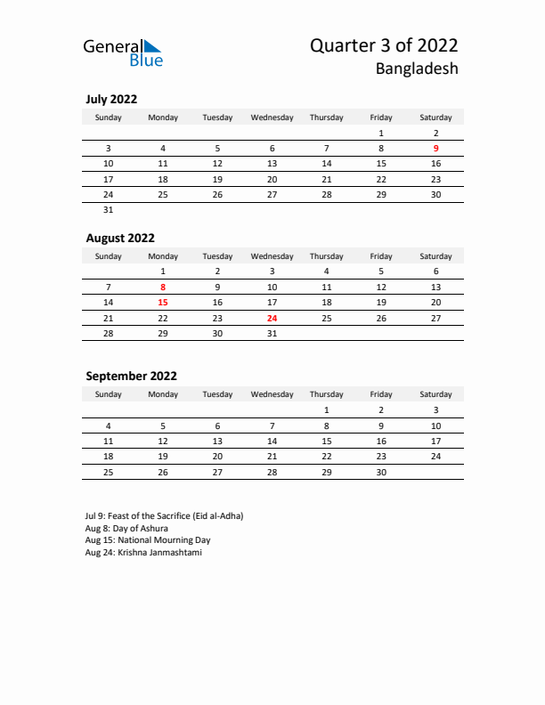 2022 Q3 Three-Month Calendar for Bangladesh