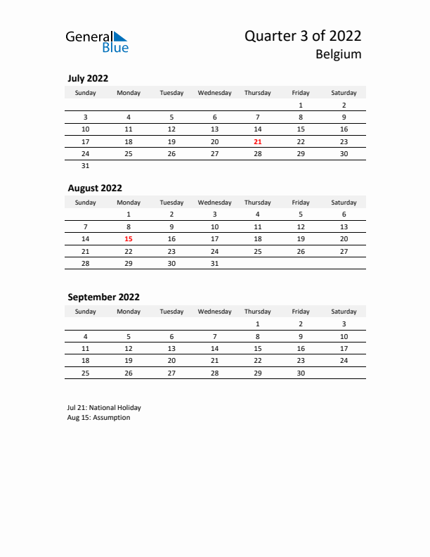 2022 Q3 Three-Month Calendar for Belgium