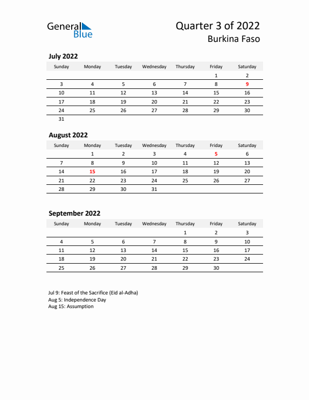 2022 Q3 Three-Month Calendar for Burkina Faso