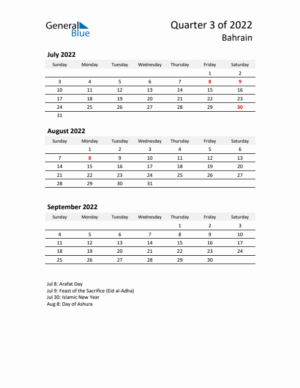 2022 Q3 Three-Month Calendar for Bahrain