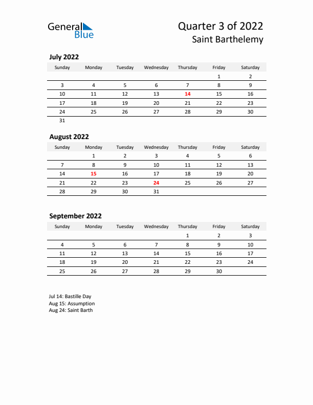 2022 Q3 Three-Month Calendar for Saint Barthelemy