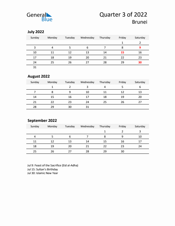 2022 Q3 Three-Month Calendar for Brunei