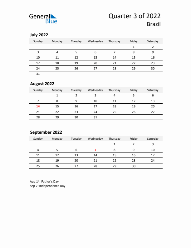 2022 Q3 Three-Month Calendar for Brazil