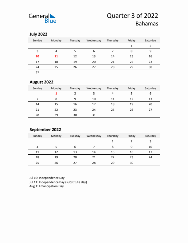 2022 Q3 Three-Month Calendar for Bahamas