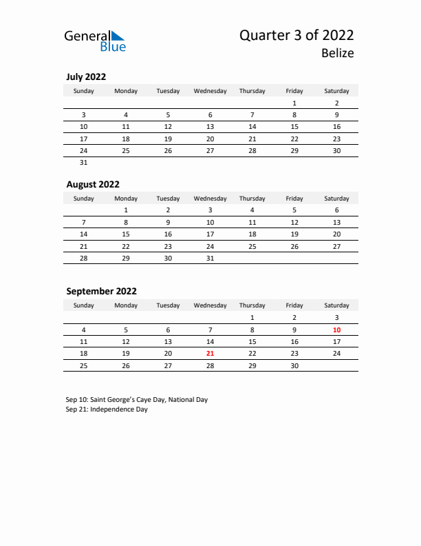 2022 Q3 Three-Month Calendar for Belize