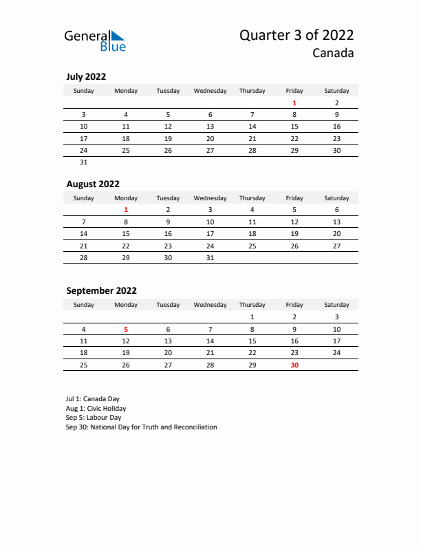 2022 Q3 Three-Month Calendar for Canada