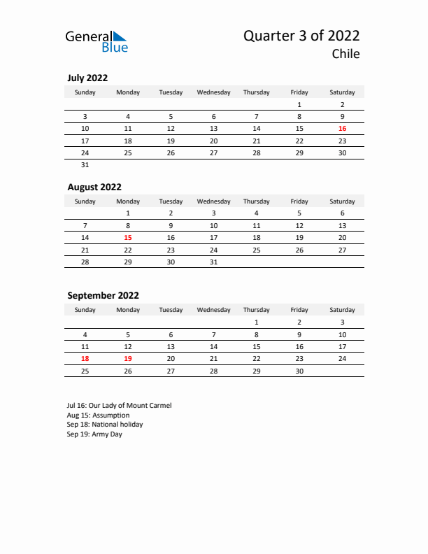 2022 Q3 Three-Month Calendar for Chile