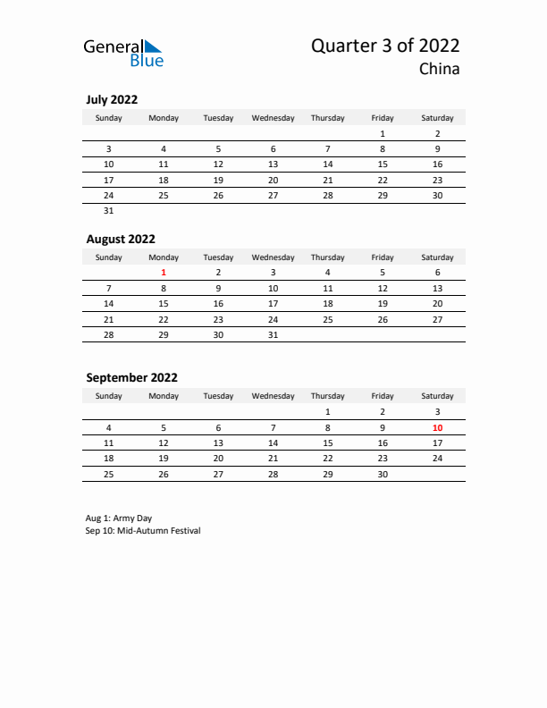 2022 Q3 Three-Month Calendar for China