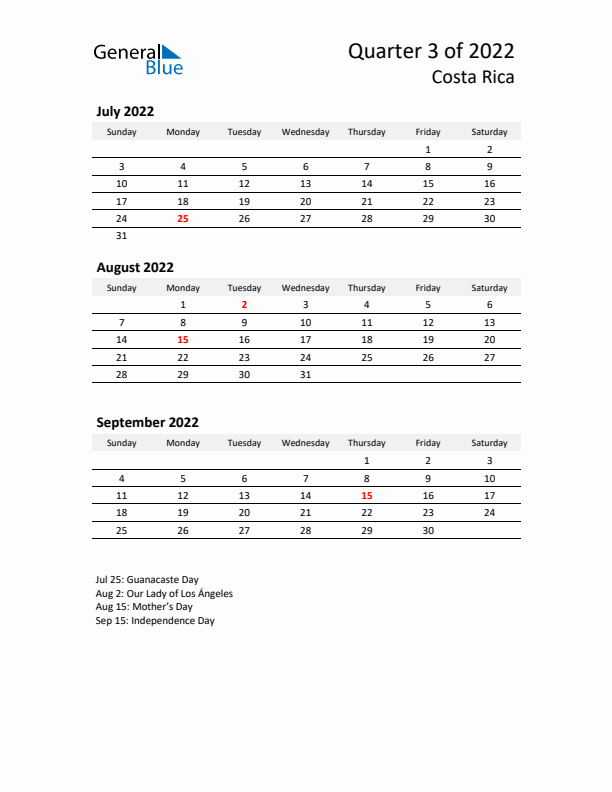 2022 Q3 Three-Month Calendar for Costa Rica