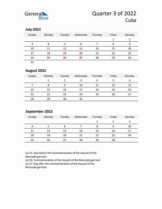 2022 Q3 Three-Month Calendar for Cuba